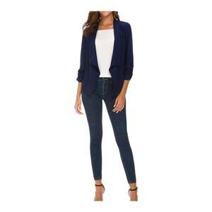 NWT Womens Urban Coco Navy Ruched Sleeve Lightweight Thin Chiffon Blazer - Sz XL